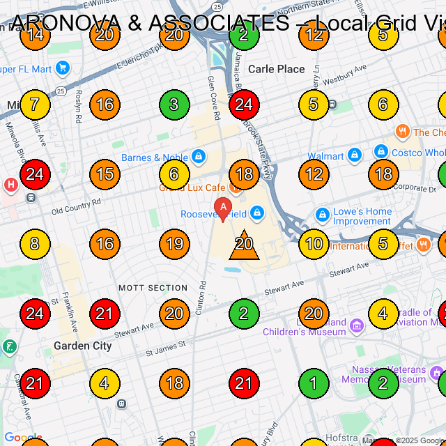 ARONOVA & ASSOCIATES Personal Injury Attorney GeoGrid ranking map for Garden City NY